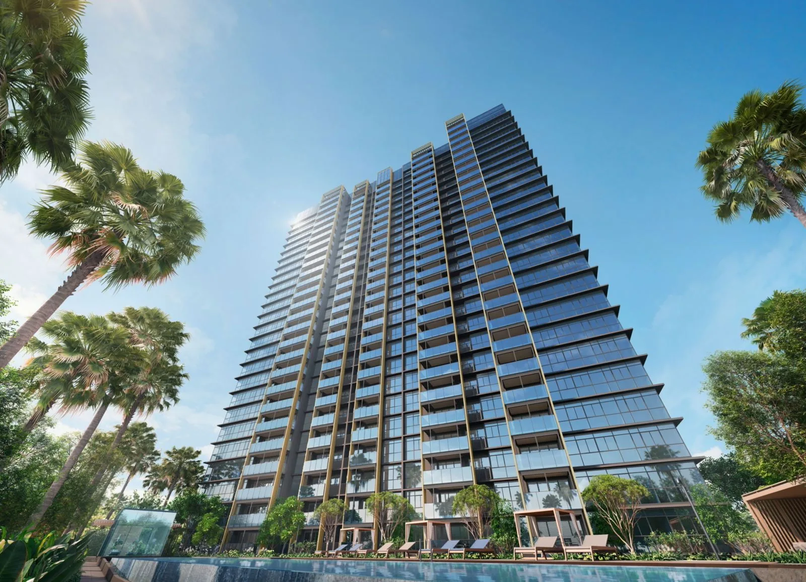 Meyer Blue, artist&rsquo;s impression: the 26-storey glass tower rising above palms and trees, its balconies framed in bronze-toned fins against a clear sky