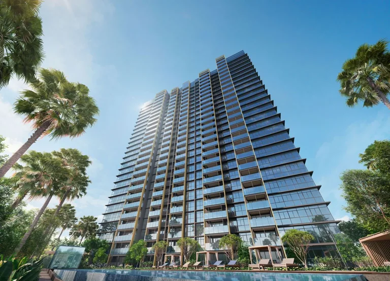 Meyer Blue, artist&rsquo;s impression: the 26-storey glass tower rising above palms and trees, its balconies framed in bronze-toned fins against a clear sky