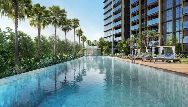 Meyer Blue, artist&rsquo;s impression: the 40-metre lap pool lined with palms and sun loungers, with the tower rising at the far end