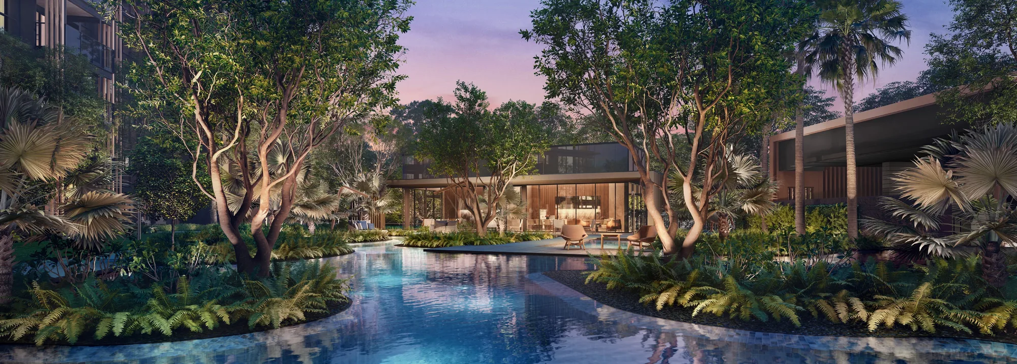 Meyer Blue, artist&rsquo;s impression: the Archipelago Pool at dusk, its islands of trees and planting lit from below, with a lantern-lit pavilion beyond