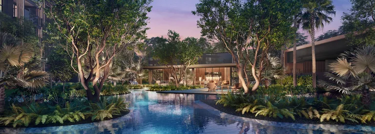 Meyer Blue, artist&rsquo;s impression: the Archipelago Pool at dusk, its islands of trees and planting lit from below, with a lantern-lit pavilion beyond