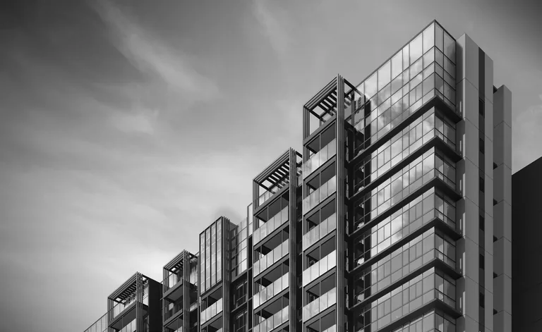 Meyer Blue, artist&rsquo;s impression: a black-and-white study of the tower's facade, the balconies stepping back in layers against a cloudy sky
