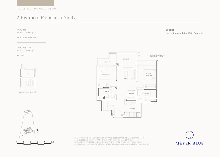 Meyer Blue floor plan, Type BPS1 (2-Bedroom Premium + Study): 2 bedrooms + study, 66 sq m (710 sq ft), 25 homes, stack 08, 1st to 25th storey (BPS1(p) on the 1st) (developer drawing with key plan)