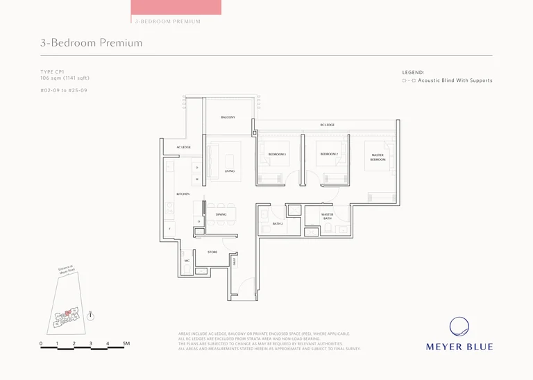 Meyer Blue floor plan, Type CP1 (3-Bedroom Premium): 3 bedrooms, 106 sq m (1,141 sq ft), 24 homes, stack 09, 2nd to 25th storey (developer drawing with key plan)