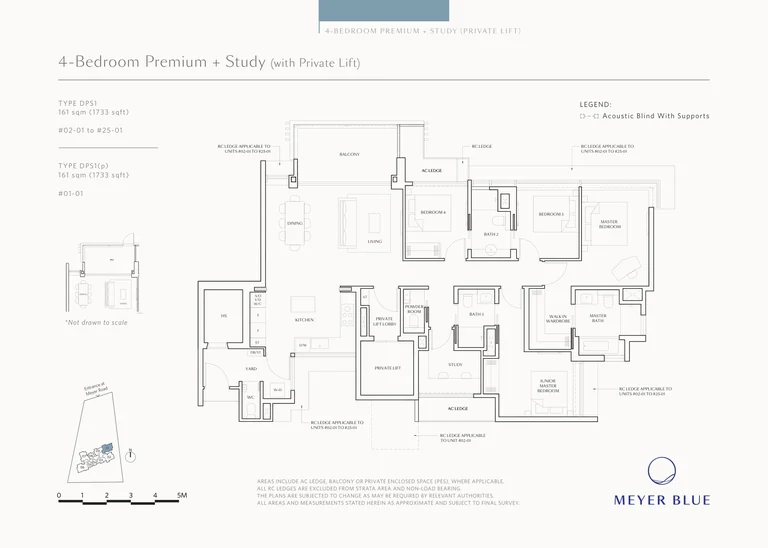 Meyer Blue floor plan, Type DPS1 (4-Bedroom Premium + Study, private lift): 4 bedrooms + study, 161 sq m (1,733 sq ft), 25 homes, stack 01, 1st to 25th storey (DPS1(p) on the 1st) (developer drawing with key plan)