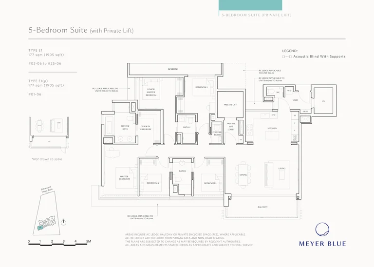 Meyer Blue floor plan, Type E1 (5-Bedroom Suite, private lift): 5 bedrooms, 177 sq m (1,905 sq ft), 25 homes, stack 06, 1st to 25th storey (E1(p) on the 1st) (developer drawing with key plan)