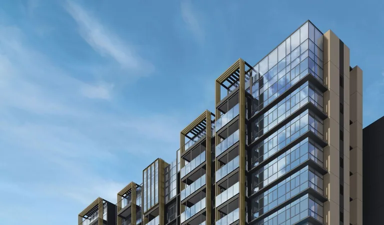 Meyer Blue, artist&rsquo;s impression: the glass facade of the tower in close view, its stacked balconies and bronze-toned frames catching the light