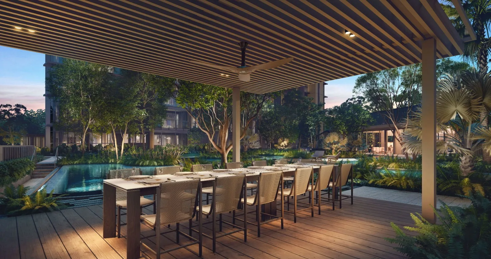 Meyer Blue, artist&rsquo;s impression: the Gourmet Pavilion, a long dining table under a slatted timber roof beside the pool and gardens