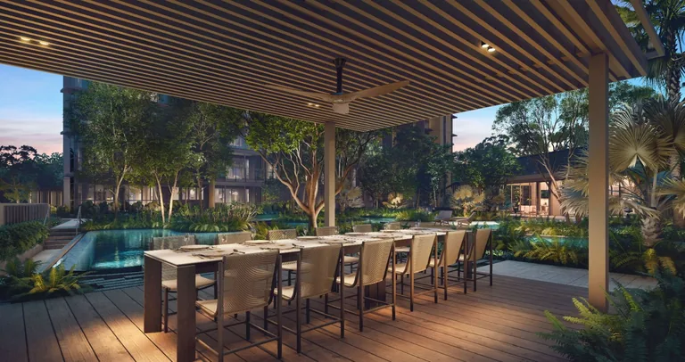 Meyer Blue, artist&rsquo;s impression: the Gourmet Pavilion, a long dining table under a slatted timber roof beside the pool and gardens