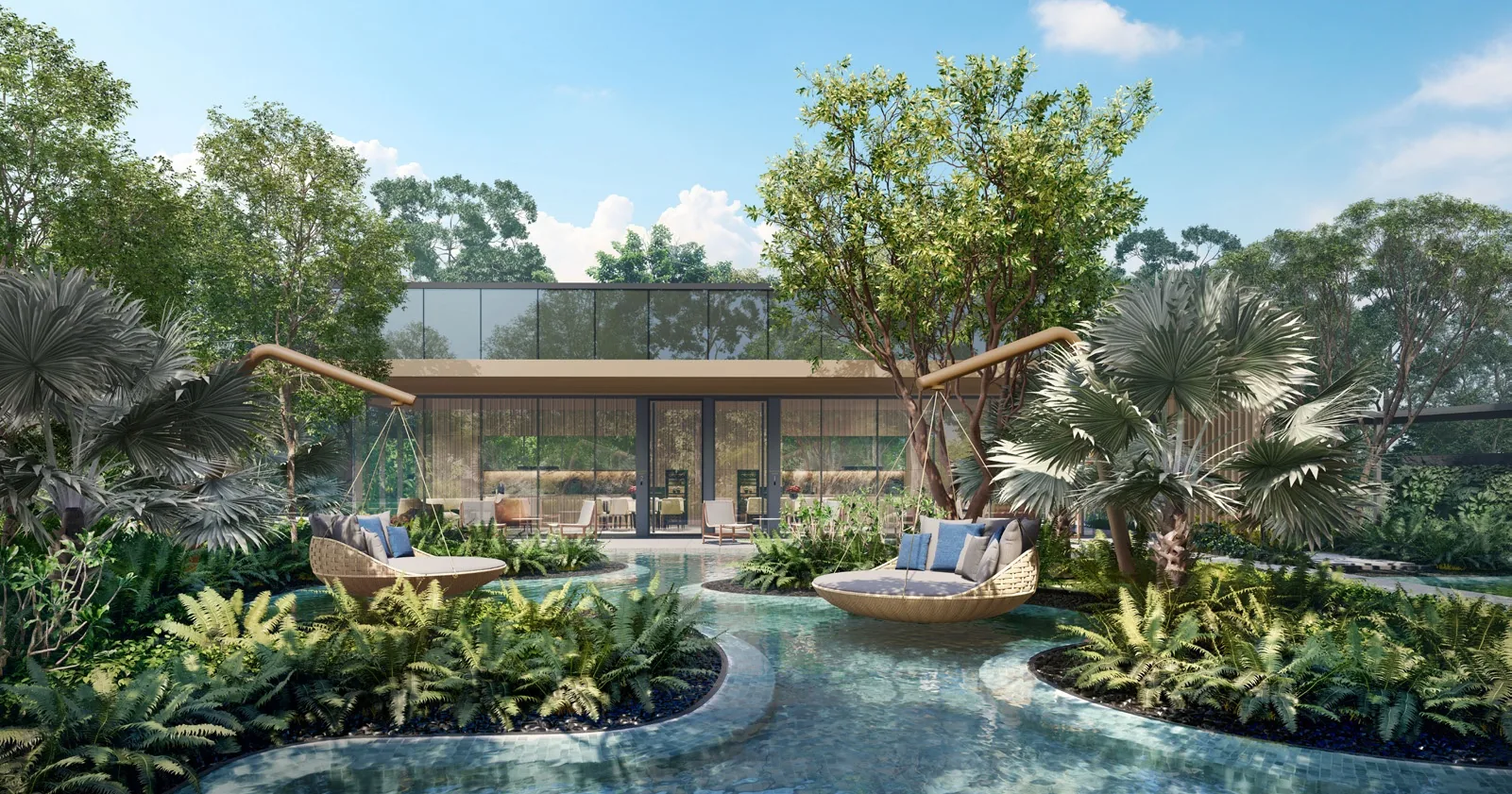 Meyer Blue, artist’s impression: the Island Oasis Deck, rattan day beds set on islands in the pool among palms, with a glass pavilion behind