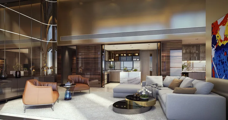 Meyer Blue, artist&rsquo;s impression: a penthouse living and dining room under a double-height ceiling, with tall windows looking out to the sea