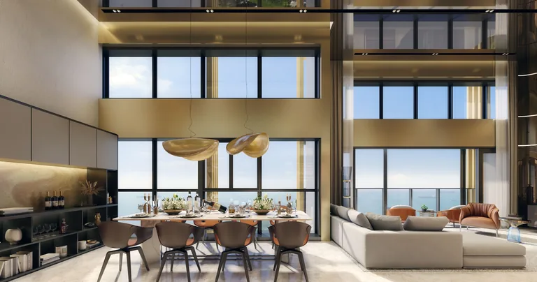Meyer Blue, artist&rsquo;s impression: a penthouse living room with deep sofas, a marble-topped coffee table and a wall of glass