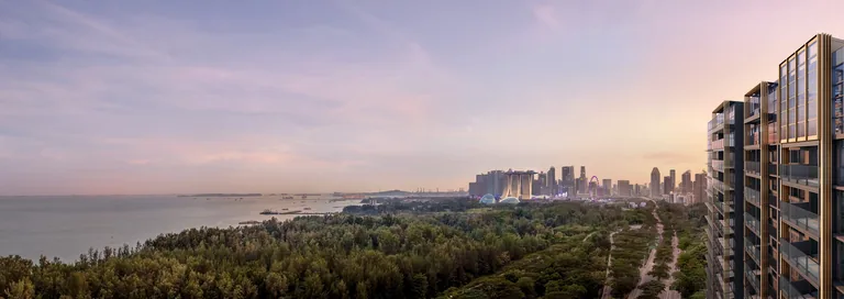 Meyer Blue, artist&rsquo;s impression: the sea and the East Coast shoreline at sunset from a high floor, with the Marina Bay skyline on the horizon and the glass tower at the right