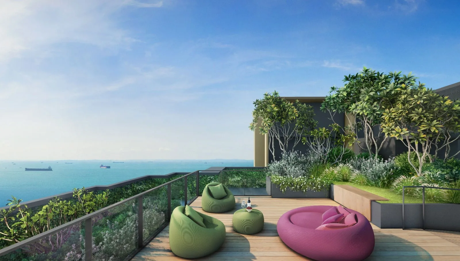 Meyer Blue, artist’s impression: the Sky Terrace, bean-bag seats on a timber deck beside planters, looking out over the sea