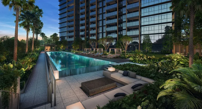 Meyer Blue, artist’s impression: the sunken Social Lounge beside the lap pool at dusk, low sofas set among planting below the tower