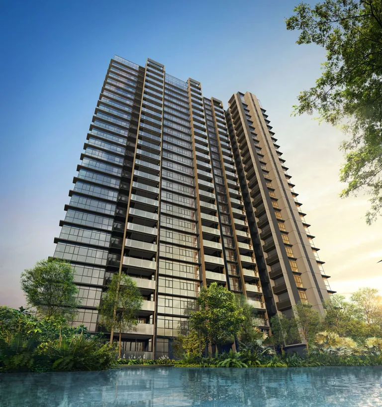 Meyer Blue, artist&rsquo;s impression: the full height of the tower seen across the pool, with trees at its foot and the sky reflected in its glass