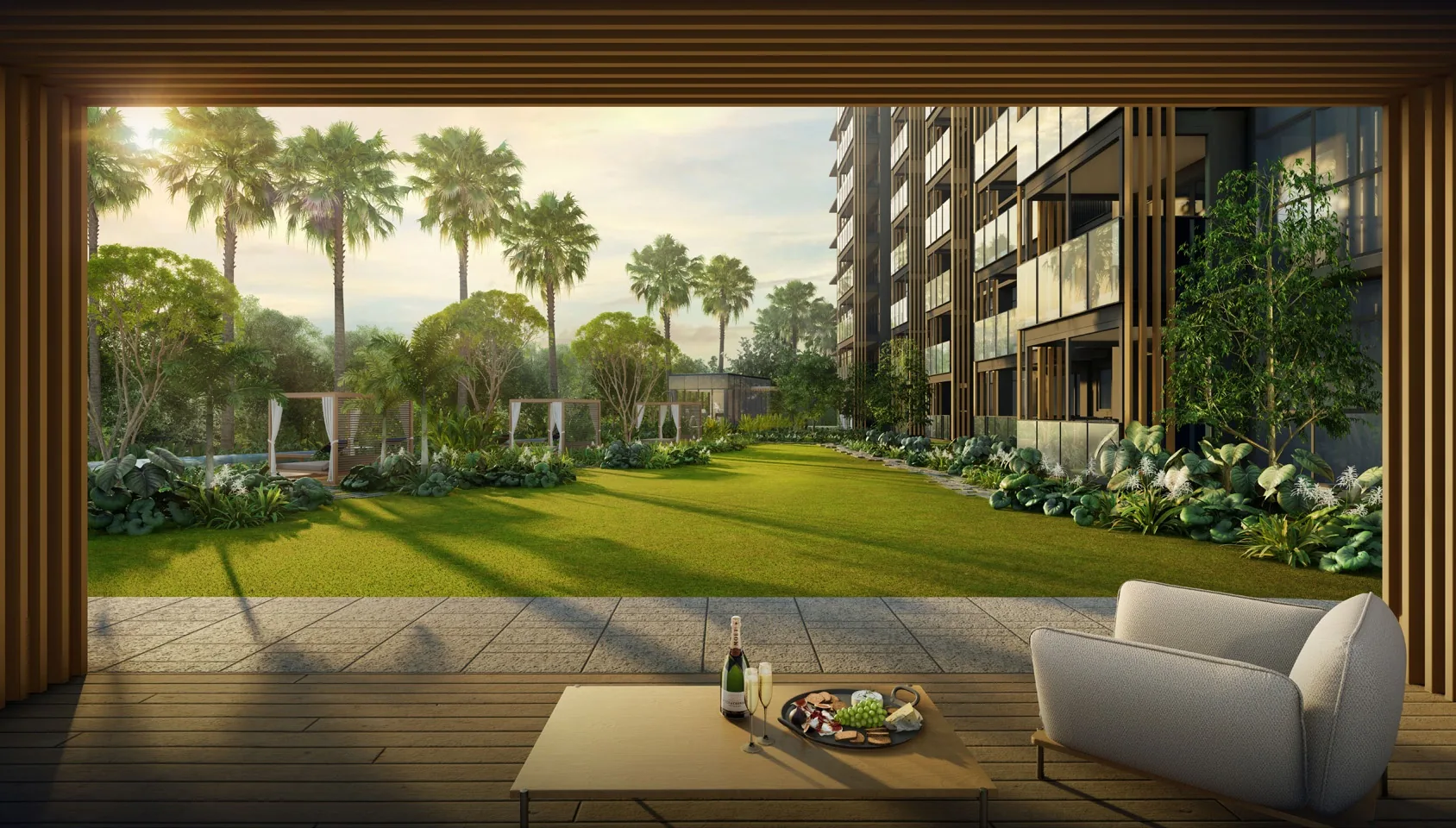 Meyer Blue, artist&rsquo;s impression: the Wellness Pavilion, a timber-framed room opening onto a long lawn edged with palms, with the tower behind